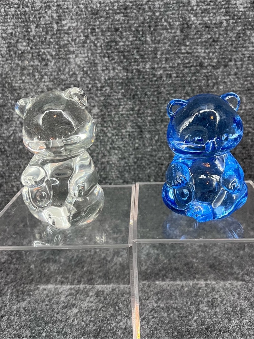 Clear & Blue Glass 3.75” Teddy Bear Figurine Sculpture Paperweight Set of 2